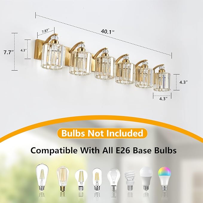 6-Lights Brushed Brass Bathroom Light Fixture Gold Vanity Lights Modern Crystal Bathroom Vanity Lighting Over Mirror Wall Sconce with K9 Crystal Shade E26 Base for Living Room, Bedroom Wall Lamp