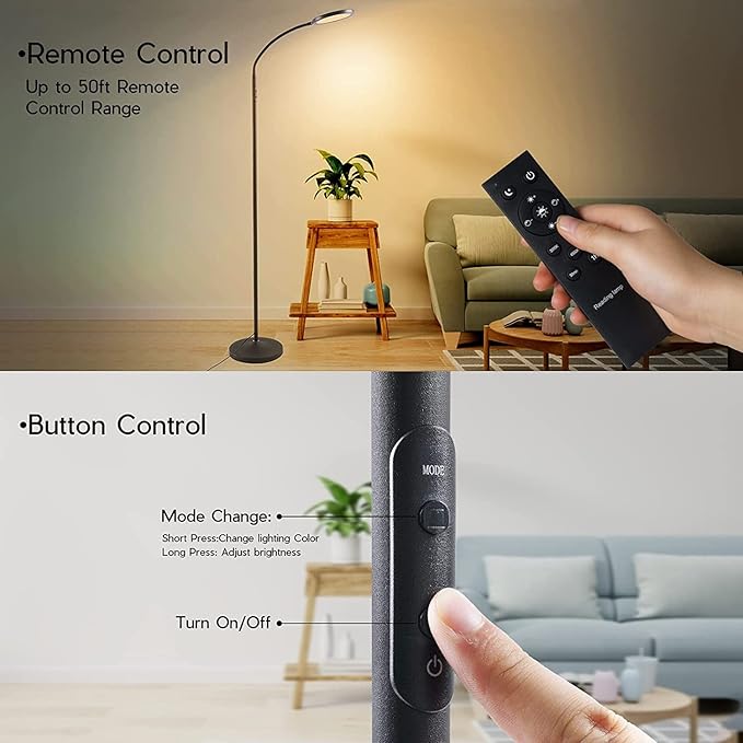 Tenmiro LED Floor Lamps for Living Room, Bright Modern Reading Floor Lamp with Stepless Adjust Color Temperatures & Brightness, Standing Lamp with RF Remote & Touch Control(White)