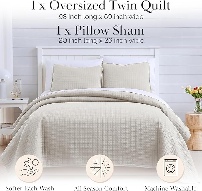 Southshore Fine Living, Inc. Twin Quilt Bedding Set, Soft Brushed Microfiber XL Twin Bedspread Coverlet, Stain & Pet Hair Resistant Bedding, XL Bedspread with Matching Pillow Sham, Natural Beige