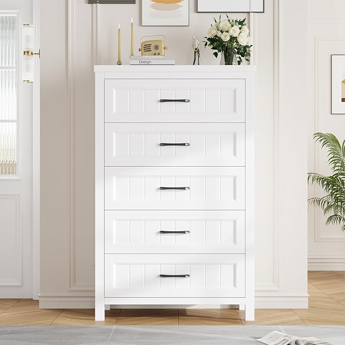 5 Drawer Dresser for Bedroom - Farmhouse 44.9" Tall Chest of Dresser with Large Storage, Rubst Wood Construction for Living Room, Hallway & Entryway - White