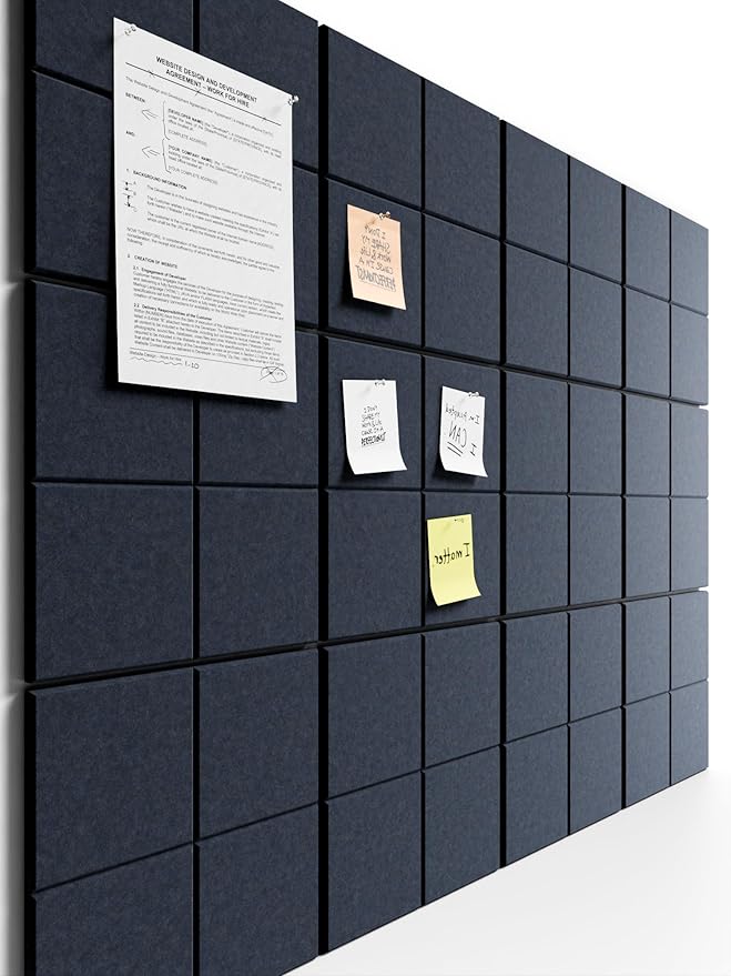 Bumusty Large Felt Bulletin Board, 48" x 36" Cork Board Alternative, 12-Pack Wall Tiles with 4-Compartment Design, 30 Push Pins, 70 Adhesive Tabs, Ideal for Office & Home Decor, Deep Charcoal Blue