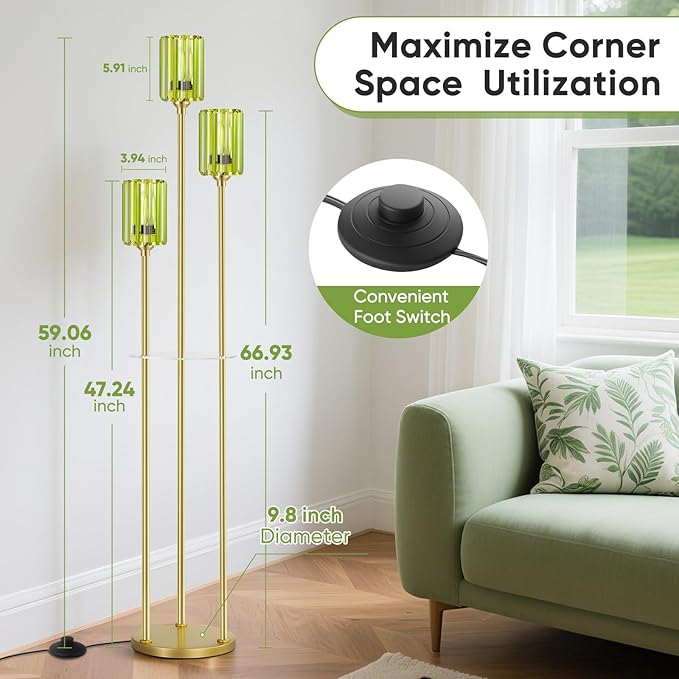 Gold Floor Lamps for Living Room, Modern Floor Lamp with Shelves, Mid Century Crystal Standing Lamps with Table, Brass Tall Lamp with Crystal Shade Vintage Retro Corner Floor Lamp for Bedroom, Green