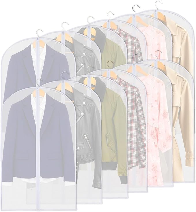12 Pack Clear Garment Bags for Hanging Clothes, 47" Suit Bags for Closet Storage,Plastic Dustproof Suit Cover Bags,Plastic Suit Cover Bags with Zipper for Coats,Jackets,Shirts (24''X47'')