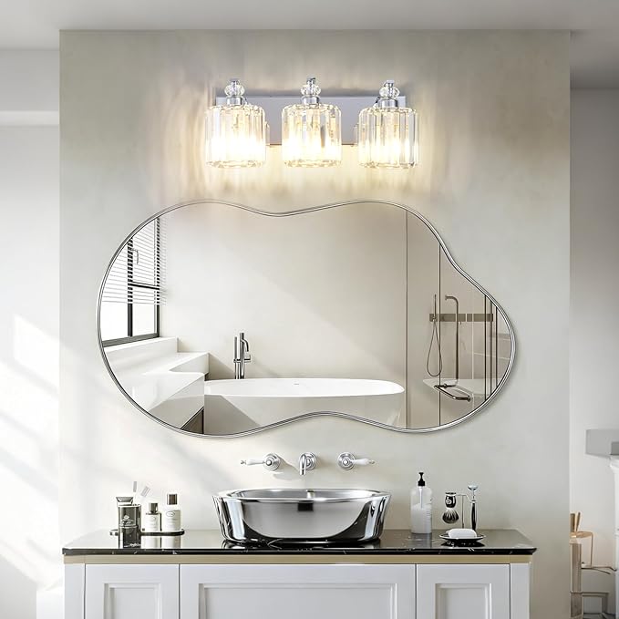 3-Light Modern Bathroom Light Fixture Chrome Vanity Lights Over Mirror Wall Sconce Lighting with K9 Crystal Shades Bathroom Wall Lamp E26 Base for Bedroom, Living Room, Hallway, Cabinet
