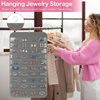 Hanging Jewelry Organizer for Closet with Swiveling Hanger, 17 x 30 In, 80 Clear Pockets Jewelry Organizer Hanging for Jewelries, Earrings, Accessories (Beige) (3, Gray)