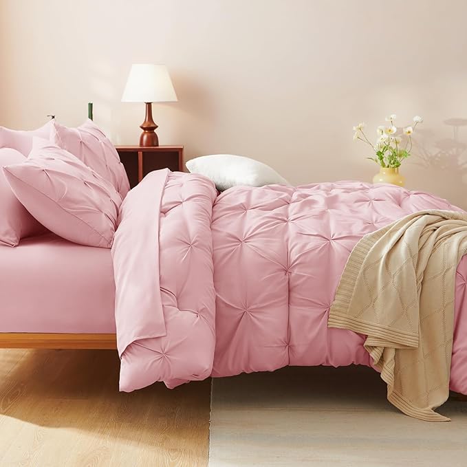 CozyLux King Size Comforter Set Pink, 7 Pieces Pintuck Bed in A Bag Pink Comforter King Size, Pinch Pleat Bedding Set with All Season Comforter, Sheets, Pillowcases & Shams