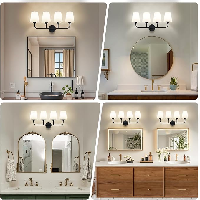 Kvhilw Bathroom Vanity Light, Matte Black Bathroom Light Fixtures, 4-Light Lighting Fixtures Over Miror, Modern Wall Sconce with Flared White Fabric Shade, E26 Socket(ETL Listed)