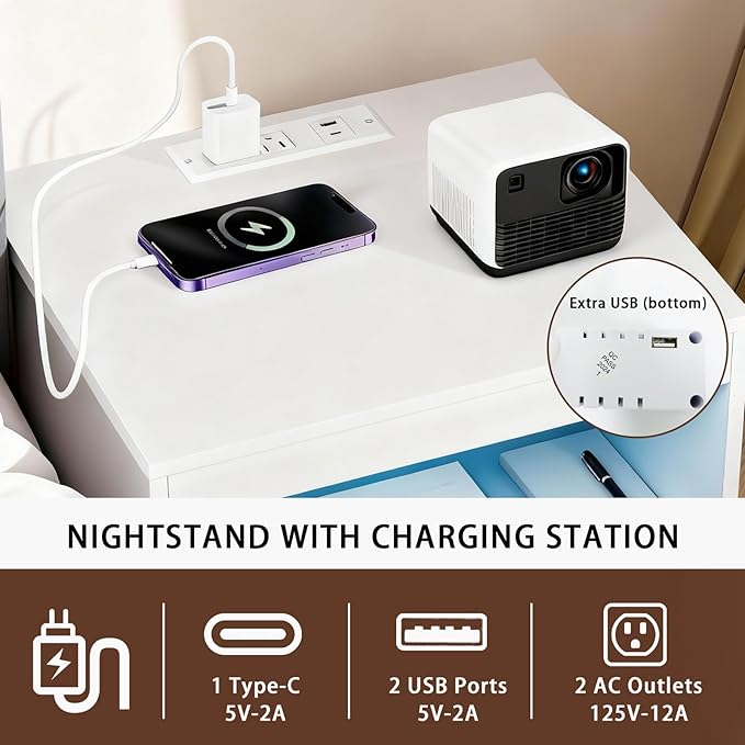 Night Stand with Charging Station and Ambient Light, LED Nightstand with USB-C Ports and Outlets, Morden Bedside Table with 2 Drawers and Open Compartment, End Table for Bedroom, White
