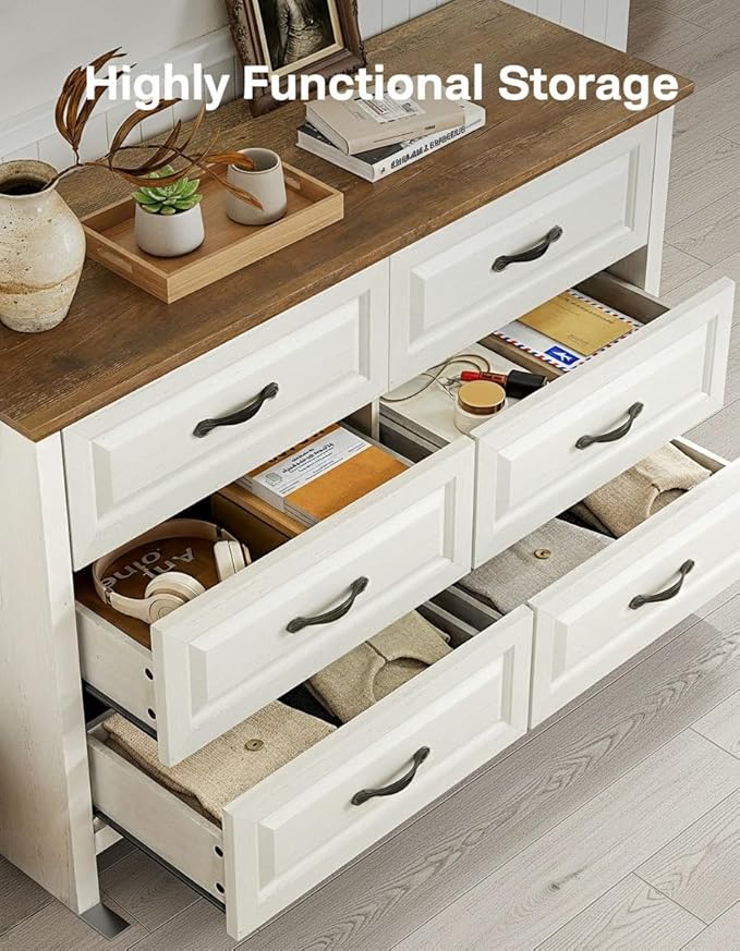 Marsail Farmhouse 6 Drawer Dresser, Wood Chest of Drawers with Natural Texture, Smooth Gliding Drawers, Versatile Storage Organizer Cabinet for Bedroom & Living Room, White and Brown