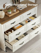 Marsail Farmhouse 6 Drawer Dresser, Wood Chest of Drawers with Natural Texture, Smooth Gliding Drawers, Versatile Storage Organizer Cabinet for Bedroom & Living Room, White and Brown