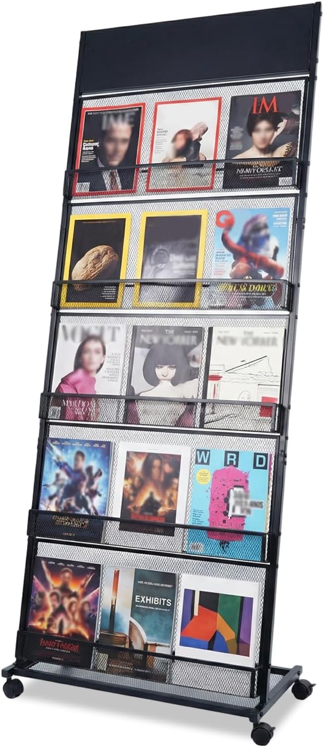 5 Layer Floor Magazine Rack Stand, 70"×27×13.6" Brochure Display Stand with 4 Universal Wheels, Detachable Magazine Display withTop Billboard, for Exhibitions, Shopping Malls, Hospitals, Offices