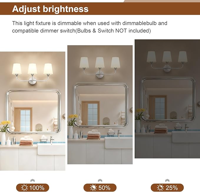 Kvhilw Bathroom Vanity Light, Brushed Nickel Bathroom Light Fixtures, 3-Light Lighting Fixtures Over Miror, Modern Wall Sconce with Flared White Fabric Shade, E26 Socket(ETL Listed)