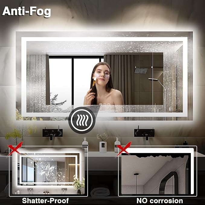 60"x28" LED Bathroom Mirrors for Wall, Front and Backlit Mirror, Anti-Fog Vanity Mirror with Lights, Stepless 3 Colors Dimmable Smart Lighted Mirror(Horizontal/Vertical)