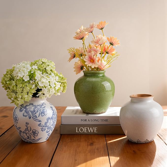 Ceramic Flower Vase Home Decor, 6.2 inch Farmhouse Rustic Vintage Decorative Vases, Pottery Terracotta Boho Flowers Vases for Dining Table, Living Room, Shelf, Kitchen, Bedroom (6.2"-Blue and White)