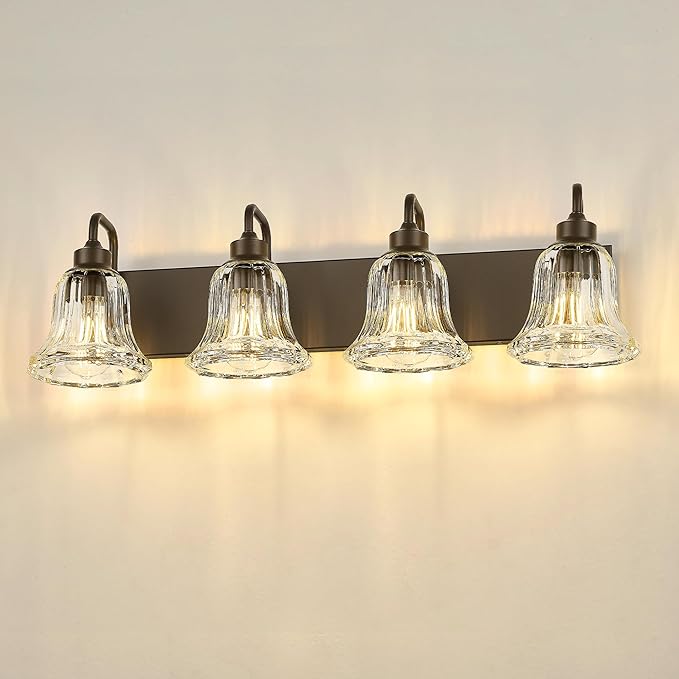 zeyu 4-Light Bathroom Vanity Lighting in Oil Rubbed Bronze Finish, Farmhouse Wall Mount Fixture Over Mirror with Clear Striped Glass, ZJX117B-4W ORB