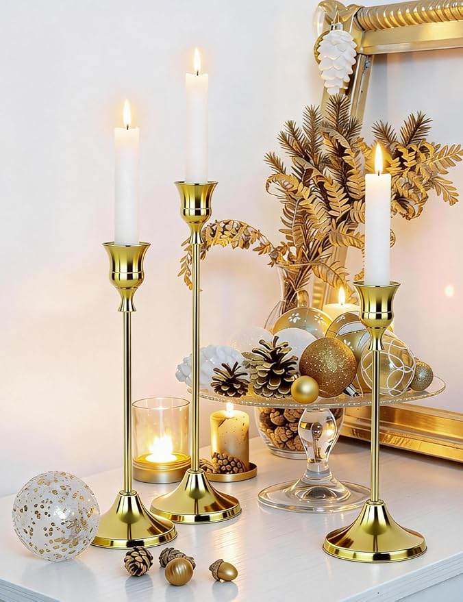 Set of 3 Brass Tapered Candle Holder,Candlestick Tall Metal Candlestick Holders for Table Centerpiece Home Decor for Wedding Fireplace Mantel Housewarming Gift Fits 3/4 Inch Thick Candles