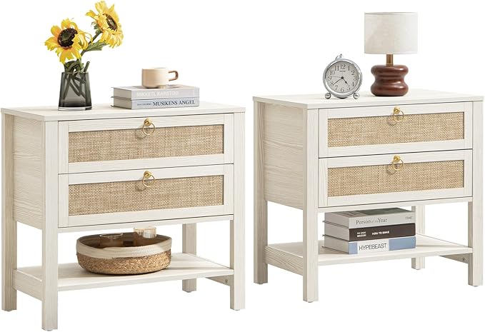 SICOTAS Nightstands Set of 2 for Bedroom, Bedside Tables with Drawer & Open Shelf, Modern Boho Nightstand Set for Master Bedroom