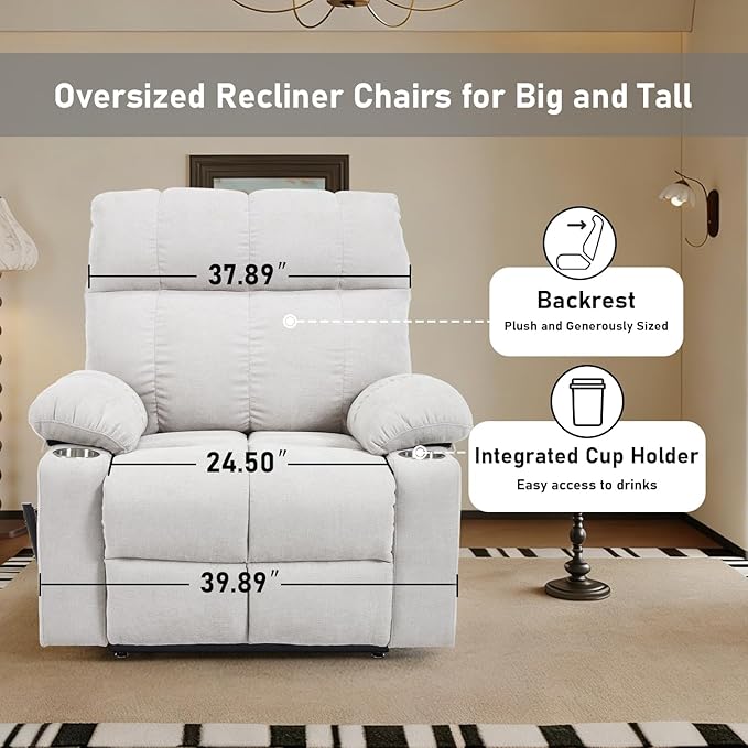 Oversized Recliner Electric Lift Chair, Power Lift Recliner for Big and Tall, 180° Lay-Flat and Assisted Standing, Extra Large Sofa with 8-Point Massage & Heating, Medium-Soft, Beige