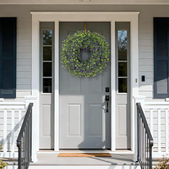 26" Artificial Lavender & Boxwood Wreath for Front Door - Large Faux Purple Greenery Outdoor Wreath for Home, Farmhouse, Window, Wall Decor | Spring Summer All Seasons
