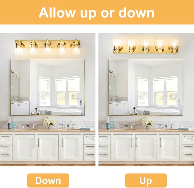 Vanity Light Fixture,5-Light Vanity Light for Bathroom,Brushed Gold Bathroom Vanity Lighting Over Mirror with Square Clear Glass Shade for Restroom