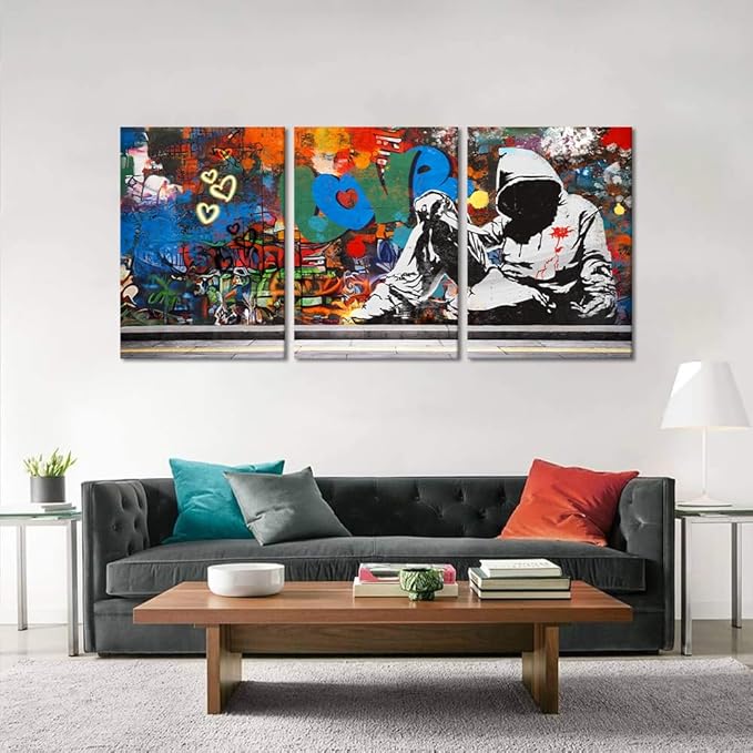 Novatique Bedroom Graffiti Canvas Wall Decor Banksy Classic Street Art Canvas Print Framed Abstract Graffiti Poster Home Decor for Bedroom Living Room Bathroom, 20" x 28" x 3Pcs