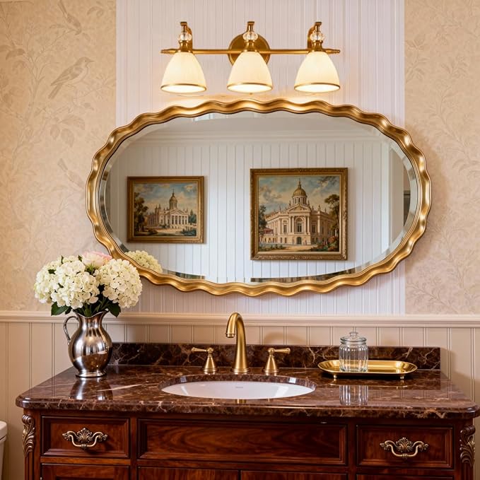 ANDY STAR Bathroom Light Fixture, 3-light Brass Vanity Light, Vintage Bathroom Lights Over Mirror with Crystal Beads, Wall Sconce Lighting with Frosted Milky Glass Shade, E26 Base (Bulbs Not Included)