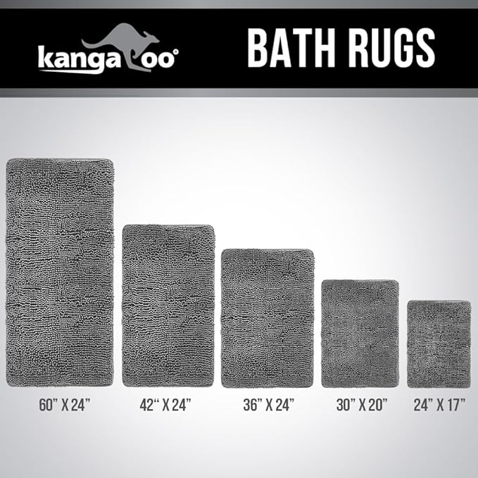 KANGAROO Bathroom Rugs, Chenille Soft Absorbent Bath Rug, Shaggy Shower Mat, Quick Dry Machine Wash Bathmat, Plush Carpet Mats for Tub, Bathtub and Room Home Decor Accessories, 60x24, Grey