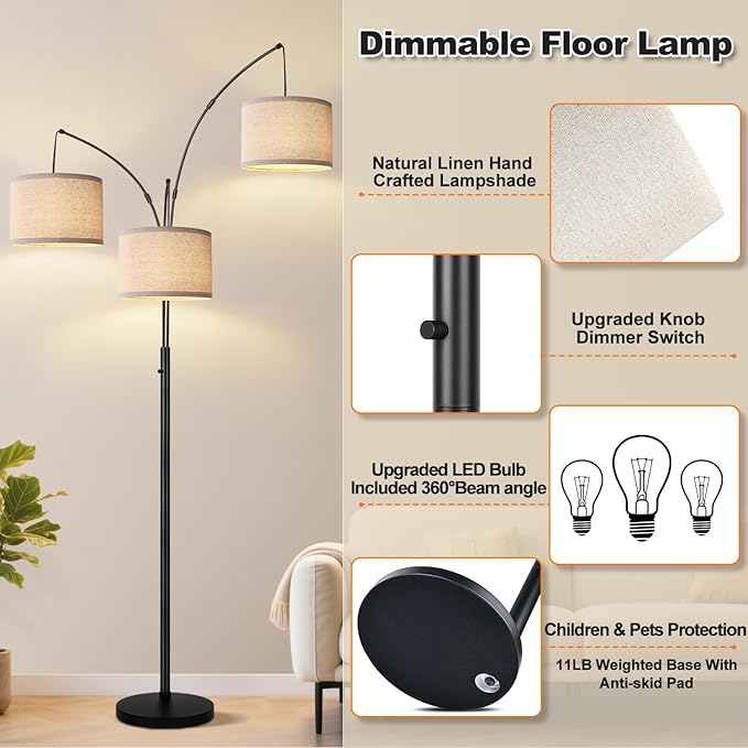 Dimmable Floor Lamp - 3 Lights Arc Floor Lamps for Living Room, 1000LM Modern Tall Standing Lamp With Beige Shades & Heavy Base, Mid Century Tree Floor Lamp for Bedroom Office, 3 LED Bulbs Included