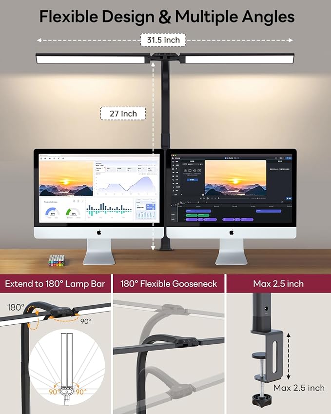 LED Desk Lamp for Home Office, Eye-Caring Desk Light with Clamp, Stepless Dimming 24W Double Head Architect Task Lamp with Remote Control, Flexible Arm, for Working, Studying, Reading, Drafting