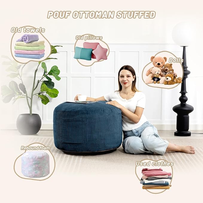 Round Stuffed Pouf Ottoman,Corduroy Foot Rest with Rebound Foam Filled, Furry and Fluffy Foot Stool Ottoman,26"*18" Floor Poufs for Living Room (Blue, 26" D x 26" W x 18" H)