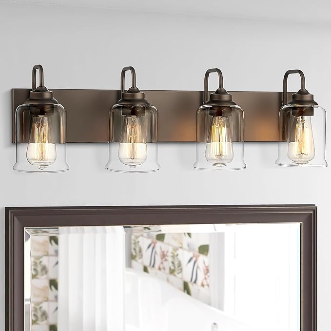 zeyu 28.5" Oil Rubbed Bronze Bathroom Light Fixtures, 4-Light Farmhouse Vanity Wall Lights with Clear Glass Shade, ZSL72B-4W ORB