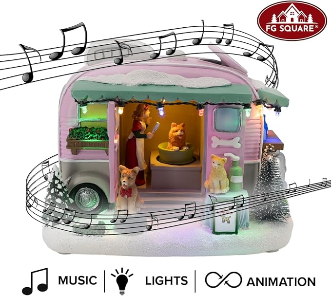 Pet Grooming Trailer Animated Christmas Village with LED Lights and Music