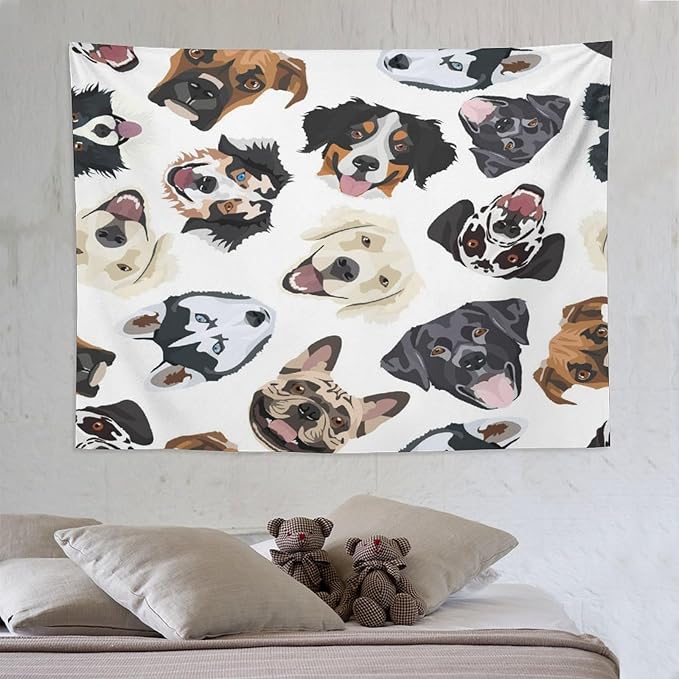 VUMIVI Dog-Head Tapestry Cartoon Pet Illustrations Cute Funny Animals Colorful Graffiti Tapestry Wall Hanging for Living Room Bedroom Dorm Classroom Aesthetic Decor W80xL60in
