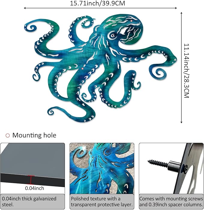 LiveInUrban Coastal Wall Art Octopus Metal Wall Sculptures, Ocean Beach Themed Metal Hanging Home Decoration 15.7"x11.1"