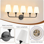 Kvhilw Bathroom Vanity Light, Matte Black Bathroom Light Fixtures, 5-Light Lighting Fixtures Over Miror, Modern Wall Sconce with Flared White Fabric Shade, E26 Socket(ETL Listed)