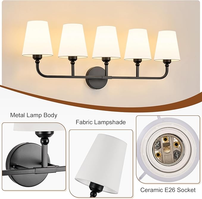 Kvhilw Bathroom Vanity Light, Matte Black Bathroom Light Fixtures, 5-Light Lighting Fixtures Over Miror, Modern Wall Sconce with Flared White Fabric Shade, E26 Socket(ETL Listed)
