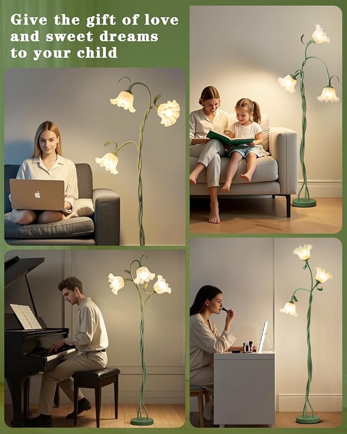 Flower Floor Lamp for Living Room,Tall Standing Reading Lamp with Flexible Neck,3 Color Temperatures LED Dimmable Decorative Light, Cute Floor Lamp for Bedroom Corner (Green)