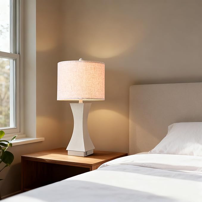 24.5" Modern Table Lamp Set of 2, 3-Way Dimmable Bedside Lamps with USB C & A Charging, Farmhouse Resin Nightstand Lamps with Linen Shade for Bedroom, Living Room, Home Office (Gray)
