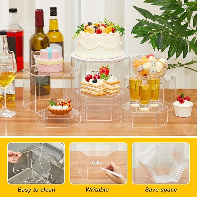 Leinuosen 6 Pcs Large Buffet Risers, 5.5 to 8 Inch Catering Dessert Table Risers Food Decorative Stands with hollow bottom for Catering Supplies, Party(Clear, Hexagonal)