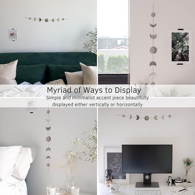 BASE ROOTS Moon Phase Wall Decor, Silver Wall Art for Bedroom, Bohemian and Astrology, Witchy Aesthetic 34" 7 Phases Metal Moon Wall Banner, Celestial Decoration, Gift for Women & Kids