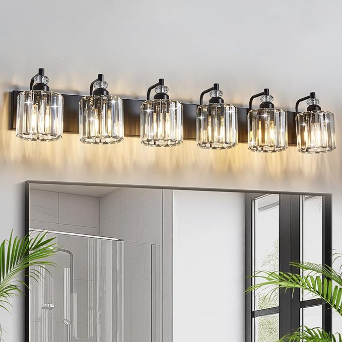 6-Light Black Bathroom Light Fixtures Over Mirror Modern Vanity Lights Crystal Wall Sconce Vintage Bathroom Lighting with Crystal Shade E26 Base for Bedroom, Living Room, Hallway