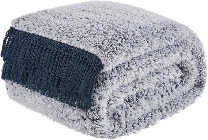 EMME Soft Sherpa Fleece Blanket with Tassel, Reversible Plush Fluffy Large Blanket, Light Weight Warm Decorative Boho Blanket Cover for Sofa, Couch, Bedroom,Travel(Tassel Navy,60"x80")