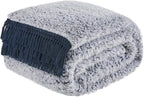EMME Soft Sherpa Fleece Blanket with Tassel, Reversible Plush Fluffy Large Blanket, Light Weight Warm Decorative Boho Blanket Cover for Sofa, Couch, Bedroom,Travel(Tassel Navy,108"x90")