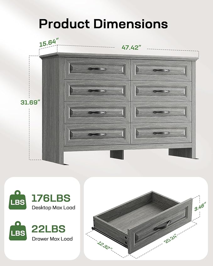 Marsail Farmhouse 8 Drawer Dresser, Wood Chest of Drawers with Natural Texture, Smooth Gliding Drawers, Versatile Storage Organizer Cabinet for Bedroom & Living Room, Grey