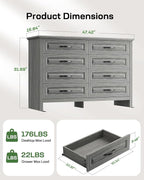 Marsail Farmhouse 8 Drawer Dresser, Wood Chest of Drawers with Natural Texture, Smooth Gliding Drawers, Versatile Storage Organizer Cabinet for Bedroom & Living Room, Grey