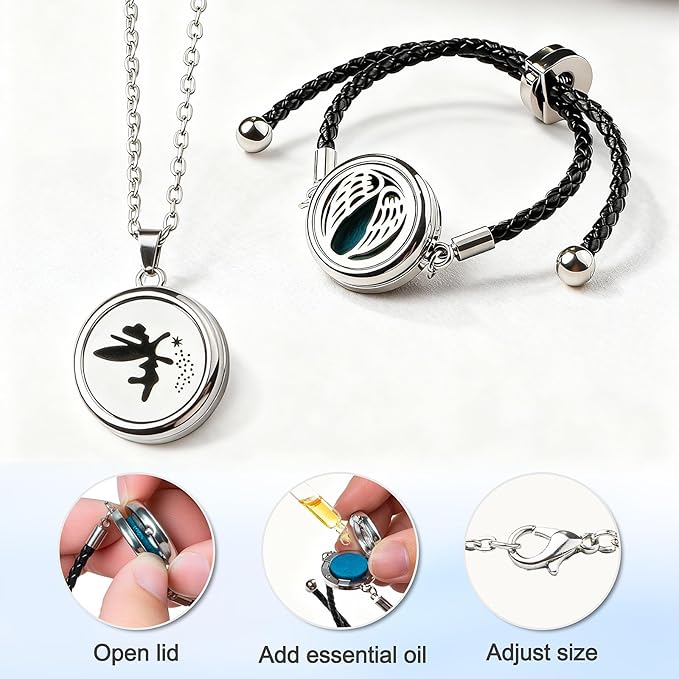 Essential Oil Diffuser Necklace & Bracelet Set 2pcs, Elf Aroma Locket Necklace + Wings Diffuser Bracelet Adjustable with 20 Refill Pads Jewelry, Christmas Anniversary Birthday Gifts for Women