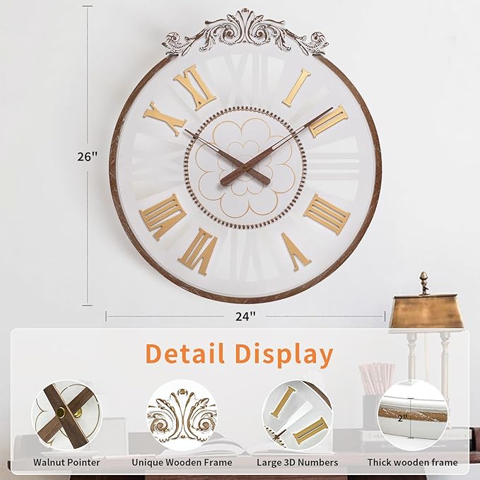 24 Inch Large Farmhouse Wall Clock - Rustic Antique Wood with Metal Circle & Engraved Numerals, Silent Battery Operated Clock for Living Room, Office, Kitchen, Bedroom