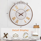 24 Inch Large Farmhouse Wall Clock - Rustic Antique Wood with Metal Circle & Engraved Numerals, Silent Battery Operated Clock for Living Room, Office, Kitchen, Bedroom