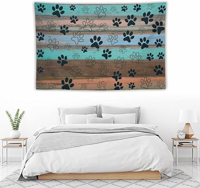VUMIVI Dog Paw Print Tapestry Rustic Farmhouse Vintage Wood Paneling Home Decor Tapestry Wall Hanging for Living Room Bedroom Dorm Classroom Aesthetic Decor W90xL60in