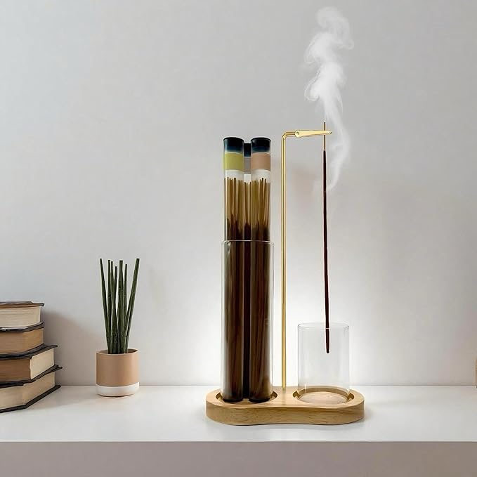 Glass Incense Holder, 2 in1 Incense Sticks Burner Holder with Storage,Hang Upside Down Incense Holder for Sticks with Glass Ash Catcher for Meditation Yoga Spa Room Decor